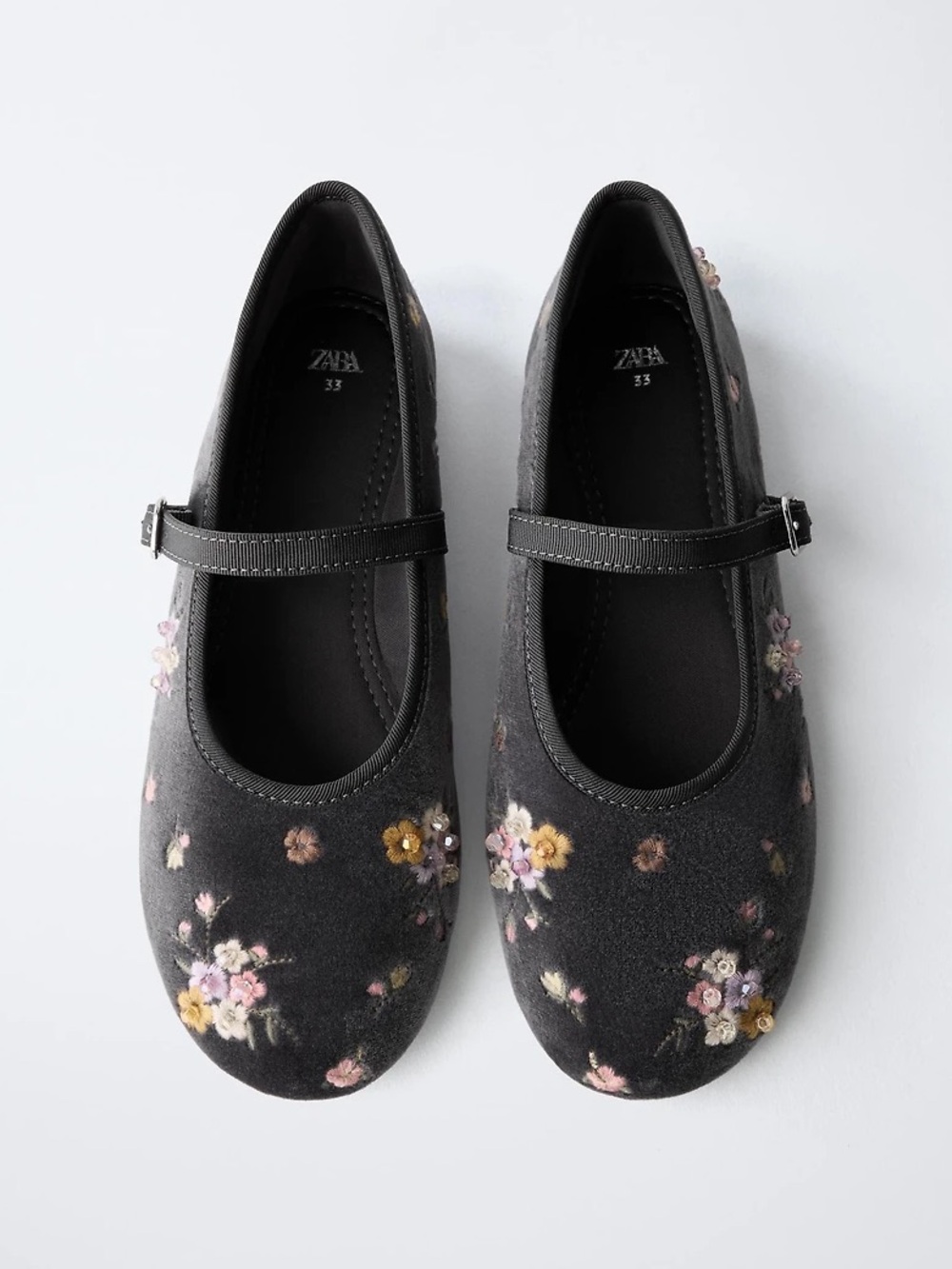 NWT Zara Kids Girls Velvet FLORAL EMBROIDERED BALLET FLATS Shoes Size 4